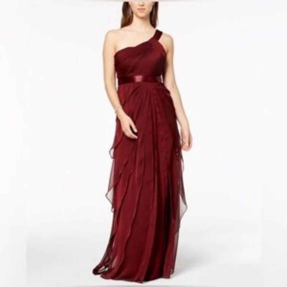 Size 10 Adrianna Papell Deep Wine Draped One Shoulder Flutter Gown Formal Dress - Picture 1 of 5